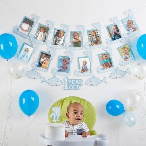 1st Birthday Milestone Photo Banner & Cake Topper - Shark Party