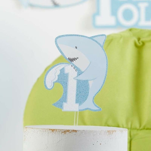 1st Birthday Milestone Photo Banner & Cake Topper - Shark Party